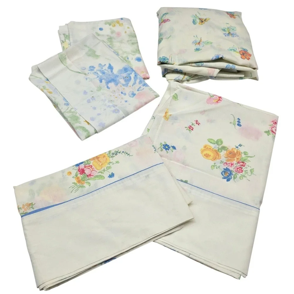 Vintage Floral Bed Sheets Pillowcases Multi Cream Cotton Blend Cottagecore